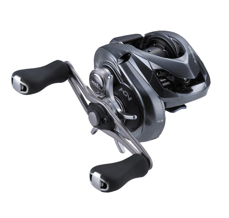 A black and chrome baitcasting fishing reel with dual-handle grips and sleek, modern design.