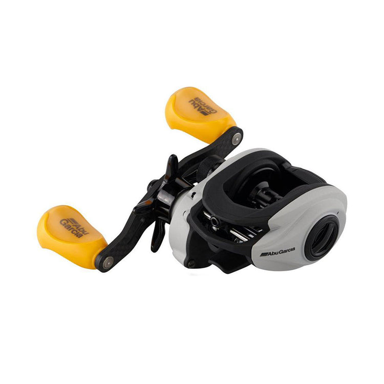 A fishing reel with a sleek design, featuring yellow handles and a black and silver body. The brand logo is visible on the side.