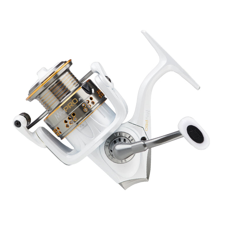 White fishing reel with gold and silver accents, featuring a sleek, modern design with a prominent handle and visible brand logo "MAX PRO." The spool and bail arm show metallic components.