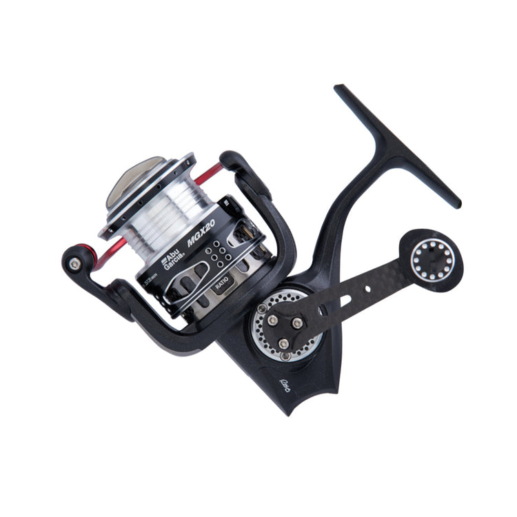 A black and silver spinning fishing reel with visible gears and handle. The reel has a modern design, featuring labels and a red accent on the spool.