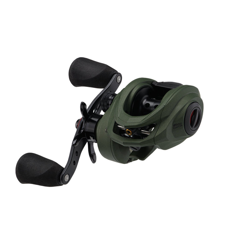 A green and black fishing reel with two ergonomic handles and a sleek design, set against a plain white background.