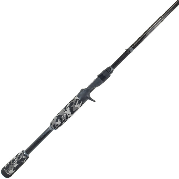 A fishing rod with a black and gray camouflage handle, showcasing a sleek design and ergonomic grip. The rod features a trigger grip for casting.