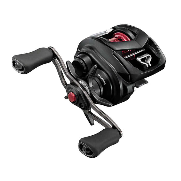 A black and red baitcasting fishing reel with ergonomic handles, featuring sleek design and modern construction for efficient fishing.