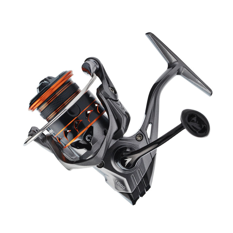 A modern spinning fishing reel with a sleek design, featuring a metallic finish and orange accents on the spool. The handle is attached, displaying smooth lines and a durable build.