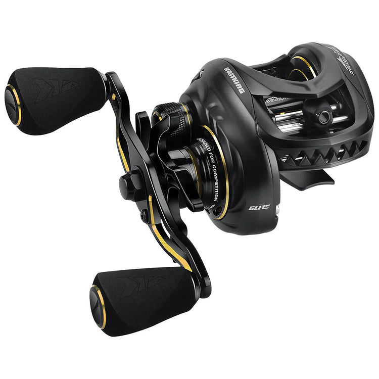 A black and gold baitcasting fishing reel with a sleek design, featuring a dual handle with ergonomic grips and detailed components highlighting its advanced engineering.