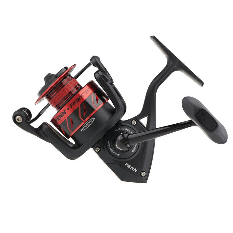A black and red Penn spinning fishing reel with the text "Penn Fierce III" on the spool, featuring a sturdy handle and smooth design, positioned against a white background.