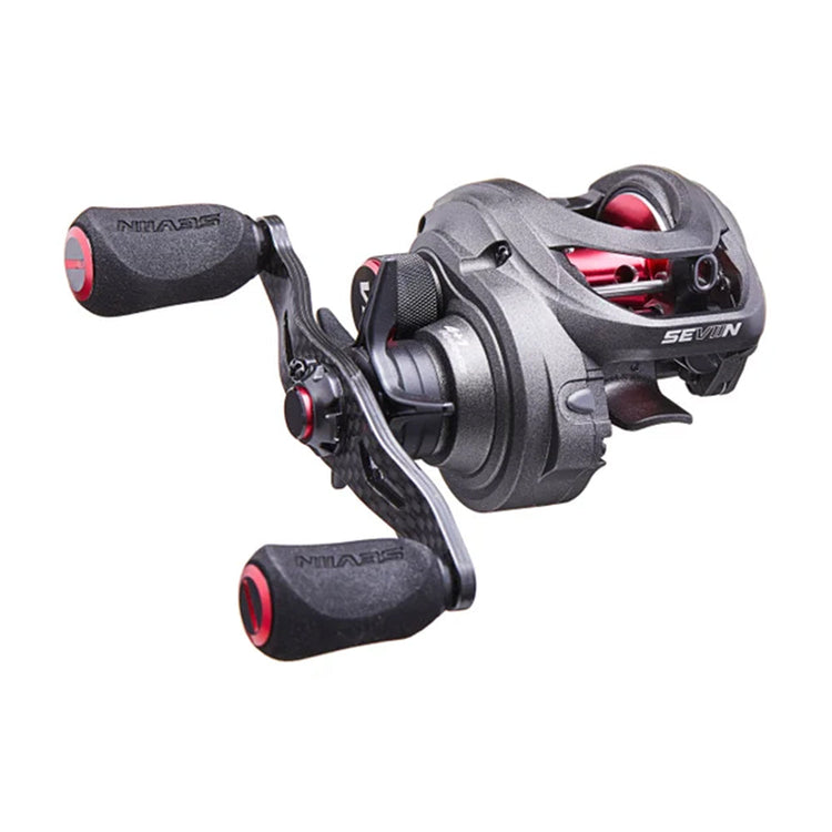 A black and silver baitcasting fishing reel with red accents and dual handles, featuring an ergonomic design and a compact build.