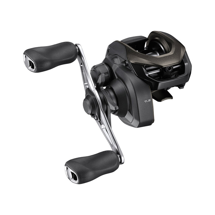 A black and silver baitcasting fishing reel with two ergonomic handles. The reel has a sleek, modern design and the number "7.2" visible on its side.