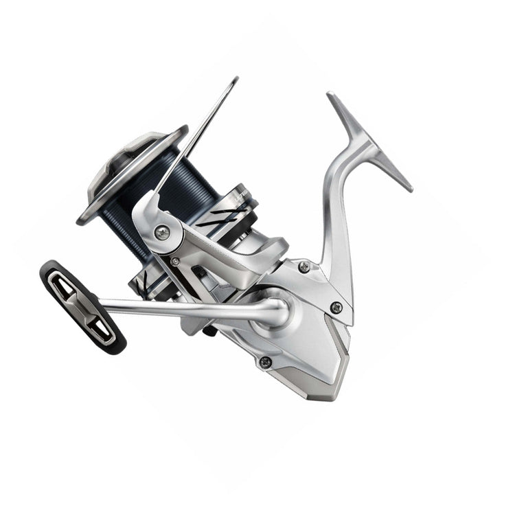 A silver and blue fishing reel with a sleek design, featuring a handle on the right side and multiple rotating components. The reel is positioned against a plain white background.