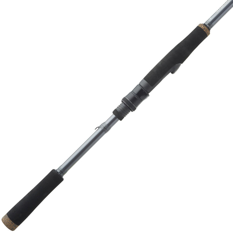 A close-up of a fishing rod with black foam grips on both ends and a metallic reel seat in the middle, angled diagonally on a white background.