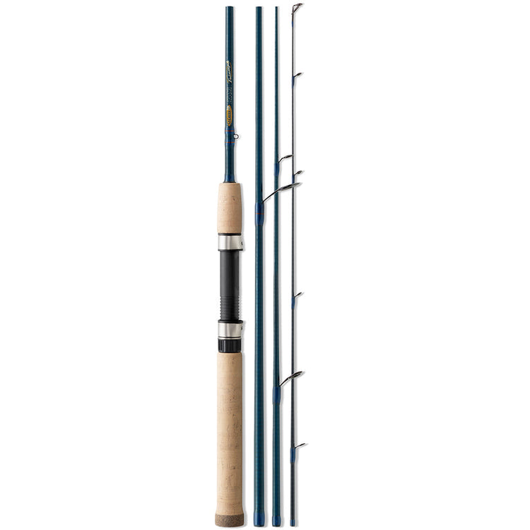 A four-piece fishing rod with a cork handle and blue shaft, featuring silver guides and a sleek design. The rod is disassembled, showing each section lined up side by side.