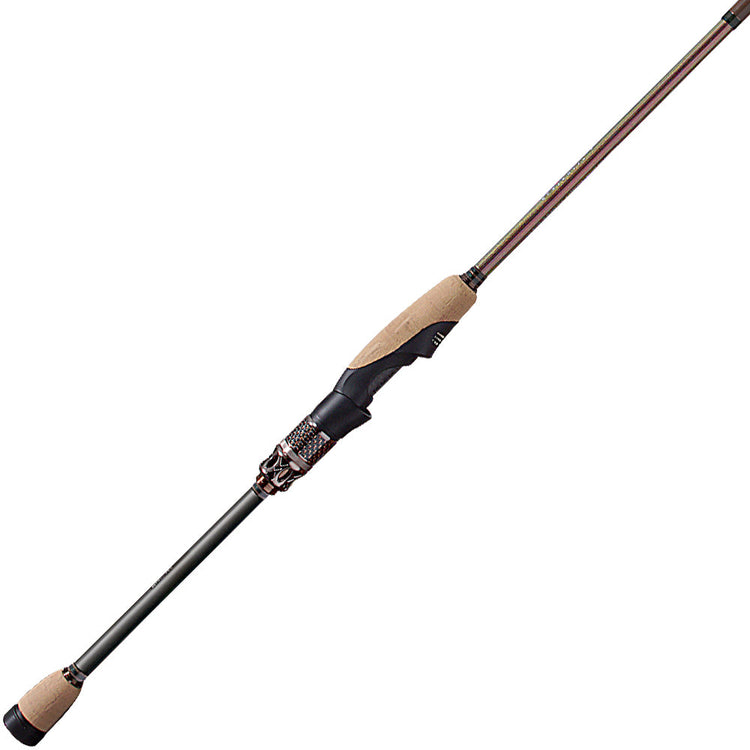 A fishing rod with a slender, dark shaft, cork handle grips at both ends, and a black reel seat section. The rod is shown isolated on a white background.
