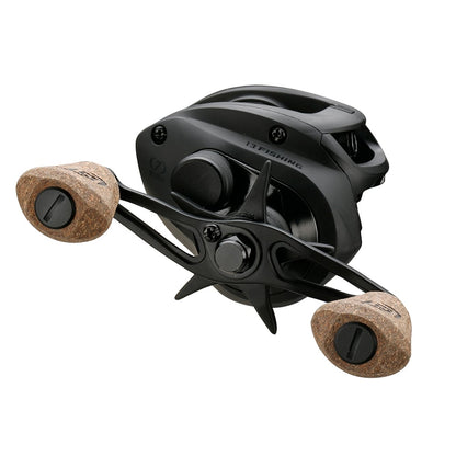 The 13 Fishing Concept A2 Casting Reel 8.3:1 | A2-8.3-RH is a black casting reel with dual cork handle grips, modern styling, and Bulldog Carbon Drag, shown angled on a white background. Brand: 13 Fishing.