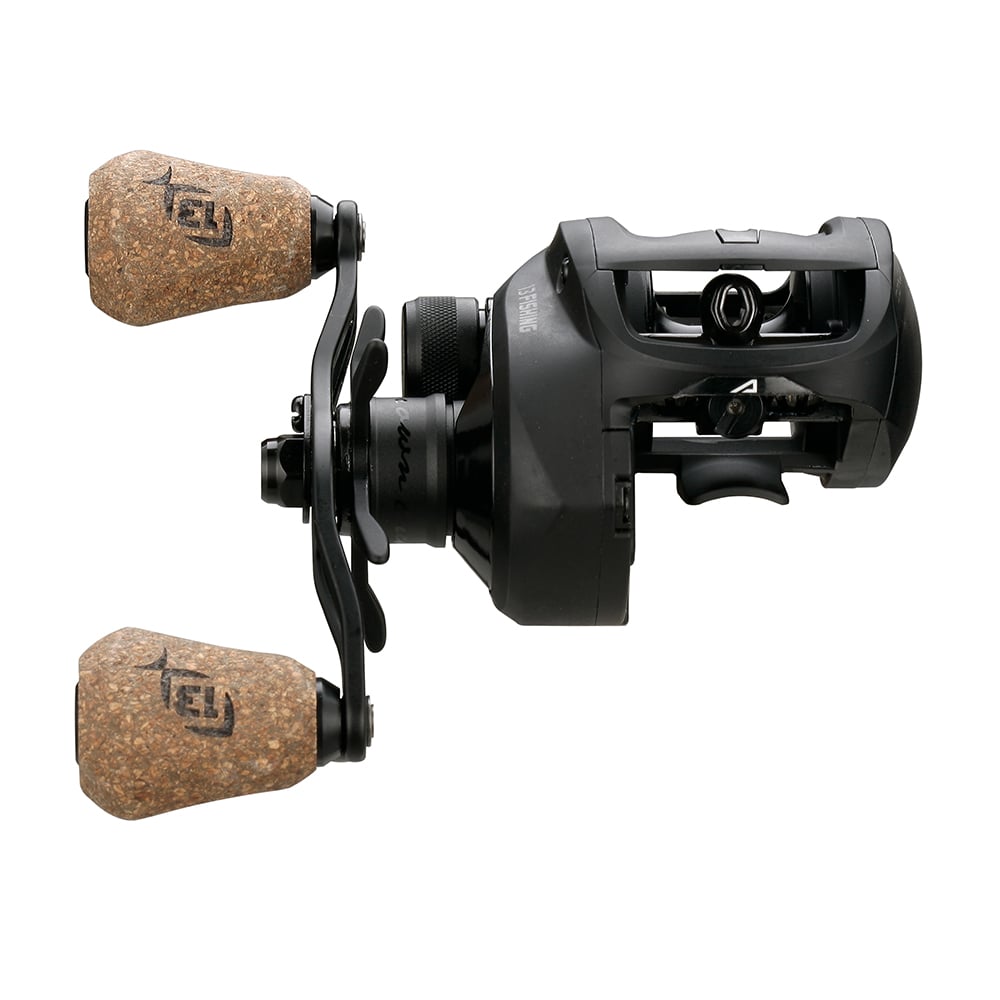 The 13 Fishing Concept A2 Casting Reel 5.6:1 (A2-5.6-RH) features Bulldog Carbon Drag, two cork handle grips, and a sleek black finish, shown from the side against a white background.
