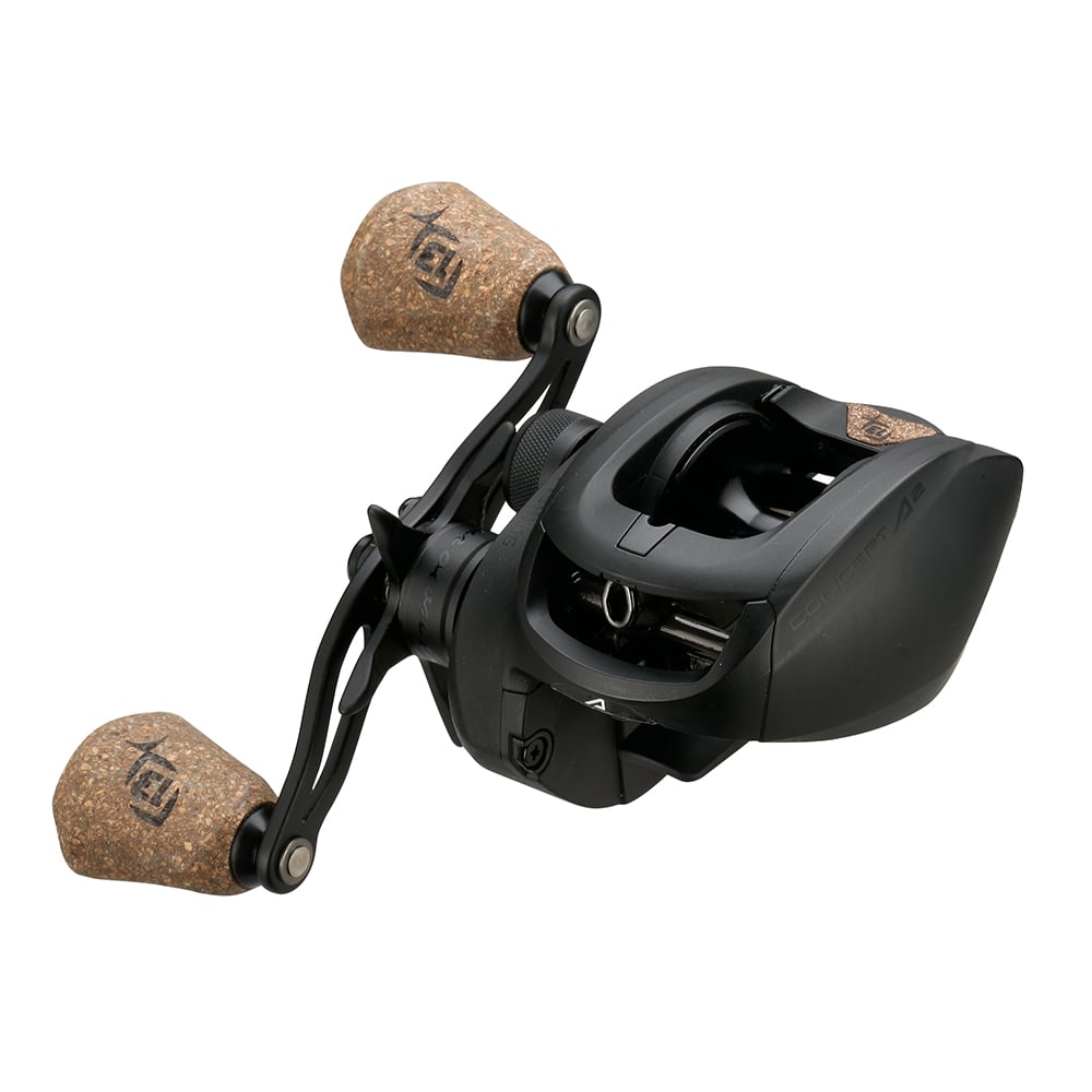 The 13 Fishing Concept A2 Casting Reel 8.3:1 (A2-8.3-RH) in black, shown at an angle with two cork handles against a white background, features the powerful Bulldog Carbon Drag system.