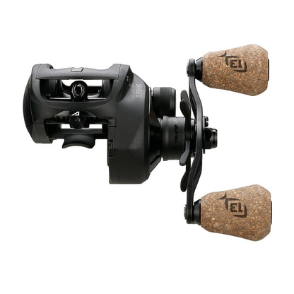 The 13 Fishing Concept A2 Casting Reel Left Hand 7.5:1 (A2-7.5-LH) is shown from the side with two cork handles, a visible spool, control knobs, and Bulldog Carbon Drag system against a white background.