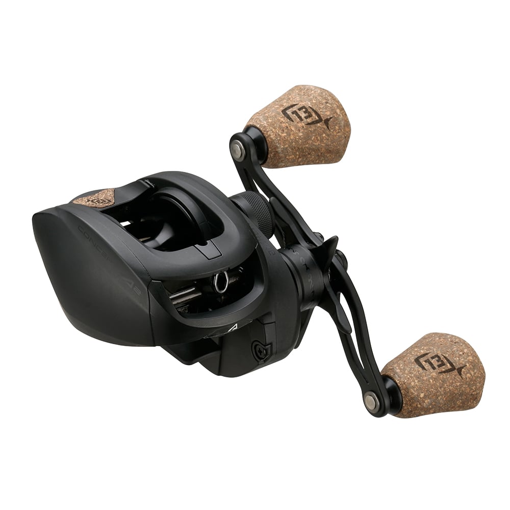 The 13 Fishing Concept A2 Casting Reel Left Hand 5.6:1 (A2-5.6-LH) features a black finish, two cork handles, modern design, and a strong Bulldog Carbon Drag system.
