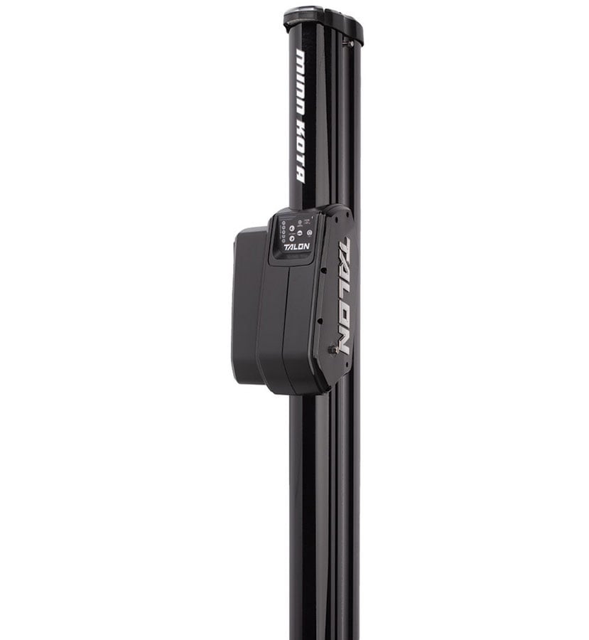 A black Minn Kota Talon Shallow Water Anchor w/Bluetooth features User-Selectable Anchoring Modes and a rectangular side control unit. The device displays the Minn Kota brand and product name, making it ideal for fishing boats.