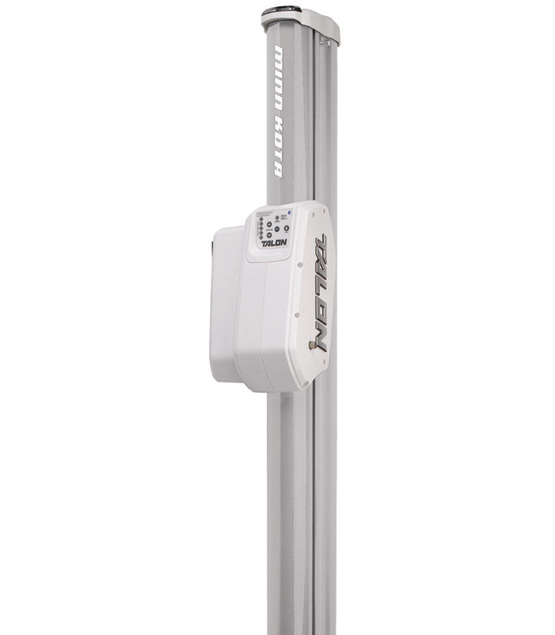 The Minn Kota Talon Shallow Water Anchors w/Bluetooth provide secure anchoring for small boats in shallow water, featuring a silver vertical pole and white control unit, plus Bluetooth connectivity for simple operation.