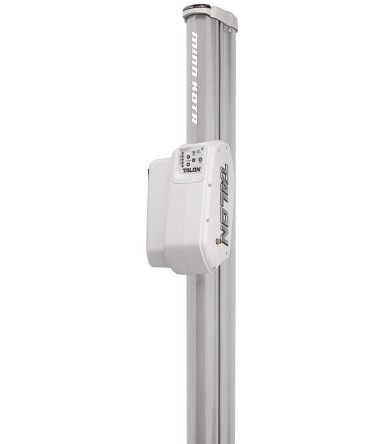 The Minn Kota Talon Shallow Water Anchor w/Bluetooth is a white and silver anchor featuring user-selectable anchoring modes and a control panel mounted on its vertical pole.