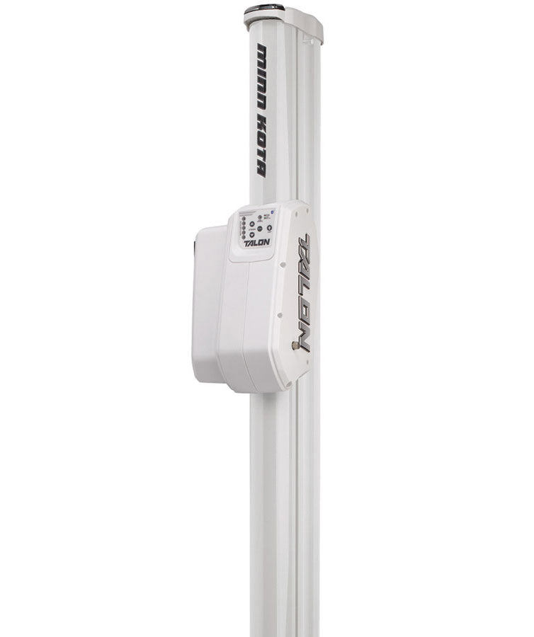A vertically mounted white Minn Kota Talon Shallow Water Anchor w/Bluetooth features user-selectable anchoring modes, a control panel, and displays both Minn Kota and Talon logos on the exterior housing.