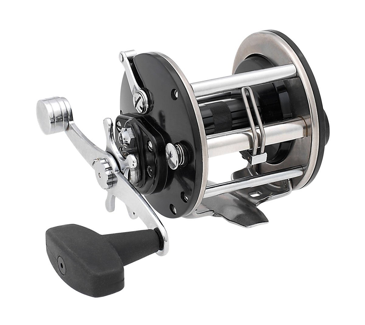 A close-up of the Penn General Purpose Levelwind Fishing Reel 2.8:1 309M in black and silver by Penn, featuring a large crank handle and line guide, isolated on a white background.