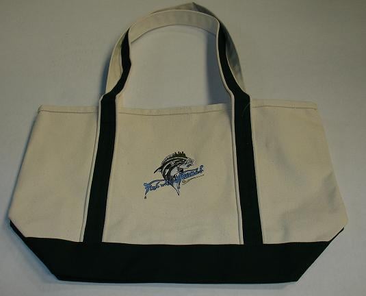 The Fish With Attitude Deluxe Boat Tote Black by americanlegacyfishing is a beige canvas bag with black handles and trim, featuring an embroidered blue fish and “Fish with Attitude” on the front. Limited edition, shown on a light background.