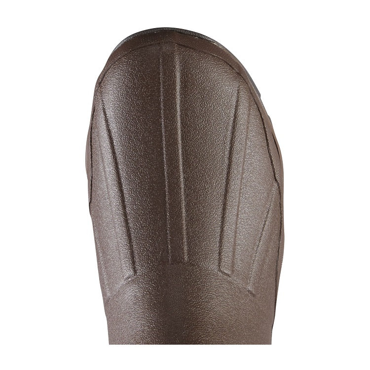 Close-up of the toe area of Lacrosse Alpha Muddy Shoes in brown, featuring all-terrain traction and a waterproof 4.5" 3mm neoprene design with textured detailing. The durable outer material suits outdoor use, set against a plain white background to highlight its robust design.