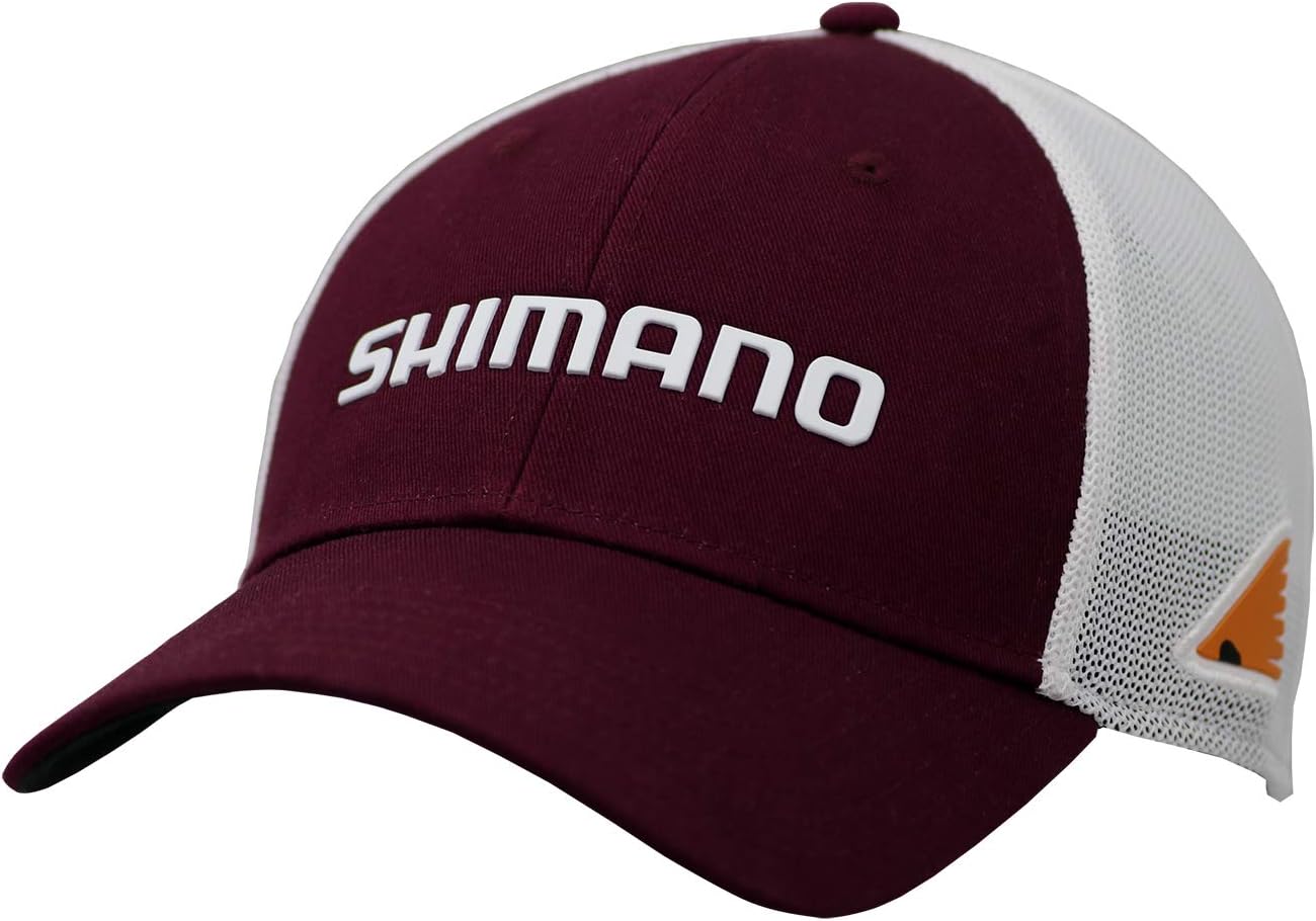 The Shimano Texas State Redfish Cap is a maroon and white performance trucker hat with a mesh back, "SHIMANO" in bold white letters on the front, and a small orange accent on the side.