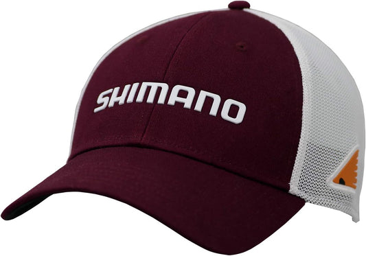 The Shimano Texas State Redfish Cap is a maroon and white performance trucker hat with a mesh back, "SHIMANO" in bold white letters on the front, and a small orange accent on the side.