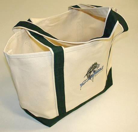 The Fish With Attitude Deluxe Boat Tote Green by americanlegacyfishing is a limited edition beige canvas bag with dark green handles, trim, and an embroidered Fish with Attitude logo and text on the side.