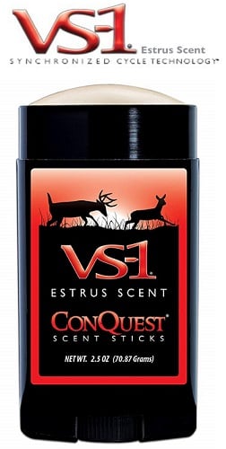 A 2.5oz Conquest Scent Stick VS-1 Estrus Scent by americanlegacyfishing, featuring deer silhouettes on a red-orange background and promoting "VS-1 Estrus Scent Synchronized Cycle Technology" as a deer attractant.