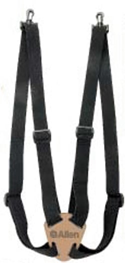 The Allen Deluxe Binocular Strap Black features two elastic shoulder straps, metal swivel clips, and a tan central piece labeled "Allen" for an adjustable fit.