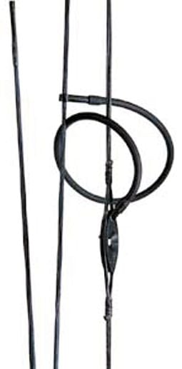 Close-up of black rod-like sections highlights guides resembling the Allen Peep Sight Kit - Tubing & Cable Anchor, by Allen, with loops similar to those seen in precision hunting equipment.