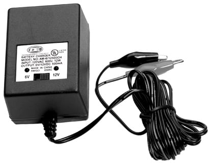 The American Hunter Feeder Charger 6 & 12V Battery Charger by American Hunter is a black charger with a front label, power cord, and two alligator clip connectors—perfect for charging your 6V or 12V rechargeable feeder batteries.