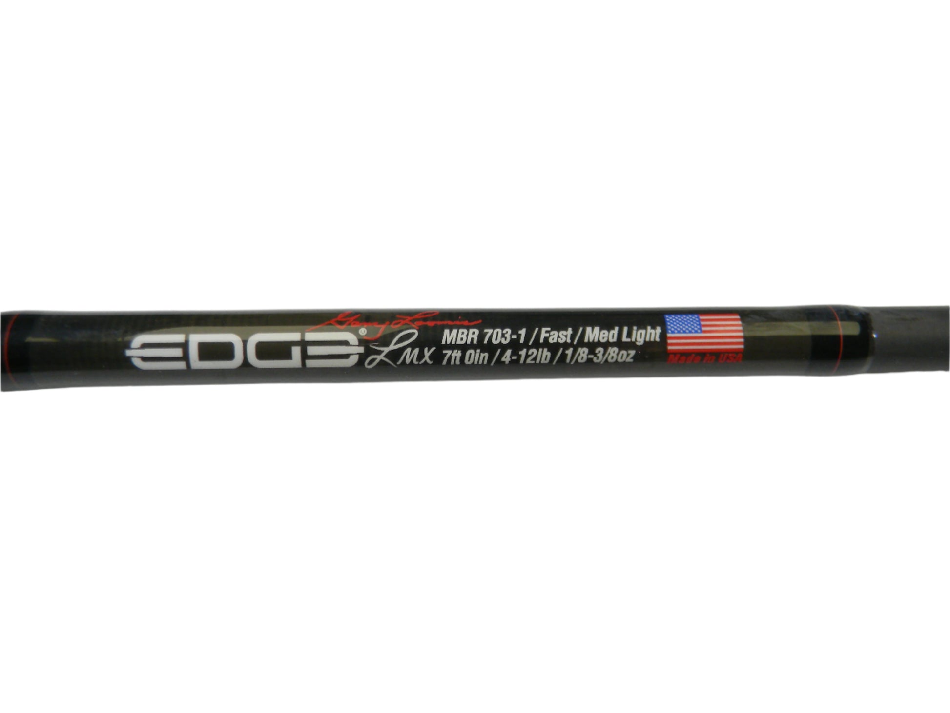 Close-up of an Edge Rods LMX MBR 703-1 casting rod, labeled with "Fast/Med Light LMX 7ft 0in 4-12lb 1/8-3/8oz" and an American flag graphic saying "Made in USA." Ideal for our Rod and Reel Trade-In Program to earn store credit on quality used gear.