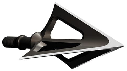 A close-up of a G5 Outdoors Montec CS 100gr Broadhead shows three sharp, triangular blades and a threaded base, crafted from durable stainless steel and spin-tested for accuracy; available in a 3-pack.