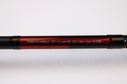 A close-up of the Daiwa DXB DXBT751HRB-G 7'5" Heavy Glass casting rod (used, excellent condition) displays specs—ideal for those browsing used gear or our rod and reel trade-in program.