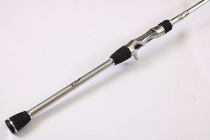 A close-up of the Denali Android ADC704WJ 7'0" Heavy Used Casting Rod in good condition, with a sleek metallic handle and black grip—ideal for upgrading through our Rod and Reel Trade-In Program for store credit on used Denali gear.