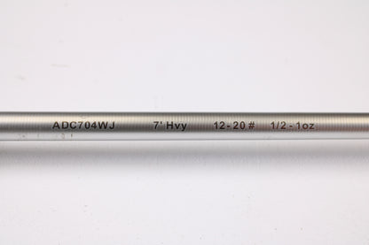 A close-up of the Denali Android ADC704WJ 7'0" Heavy Used Casting Rod in good condition, with printed specs, on a white background—ideal for those looking to upgrade via the Rod and Reel Trade-In Program.