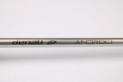 A close-up of the Denali Android ADC704WJ 7'0" Heavy Used Casting Rod in good condition, showing "denali" and "ANDROID" printed on its metallic surface—ideal for our Rod and Reel Trade-In Program.