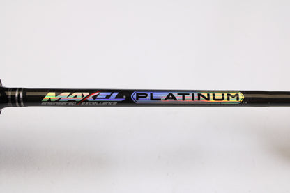 Close-up of a Maxel Platinum Slow Pitch MPSPS 661MH 6'6" Medium Heavy Used Spinning Rod (mint condition) with holographic branding—ideal for those trading in rods and reels or shopping for quality used gear.