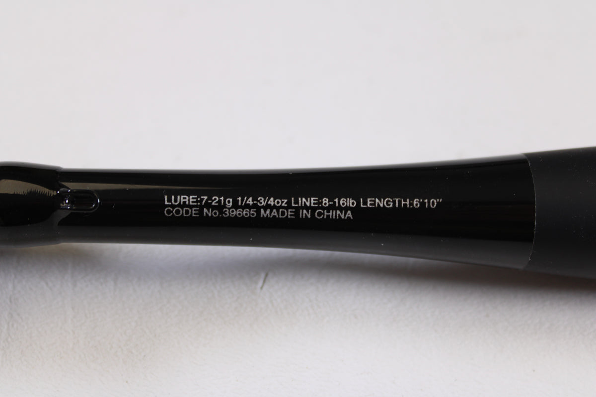 Close-up of a Shimano Zodias ZDC610MA 6'10" Medium Used Casting Rod (code 39665), showing specs—ideal for upgrading gear with our Nation's Best Rod and Reel Trade-In Program. Made in China, excellent condition.