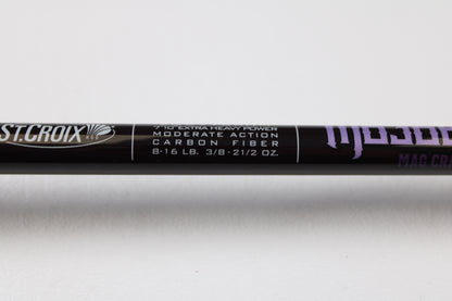 Close-up of a St. Croix Mojo Bass JOC710XHM Mag Cranker 7'10" XH used casting rod in mint condition. Trade in your old gear for store credit through our Rod and Reel Trade-In Program!.