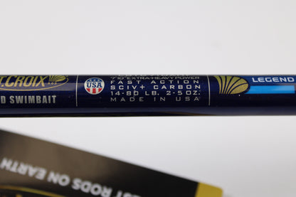 Close-up of St. Croix Legend Tournament Bass LBTC710XHF Mid Swimbait 7'10" XH—shows "Extra-Heavy Power, Fast Action, SCIV+ Carbon, 14-80 lb, 2-5 oz, Made in USA" with flag and "Legend"; ideal for trade-in or used gear store credit.