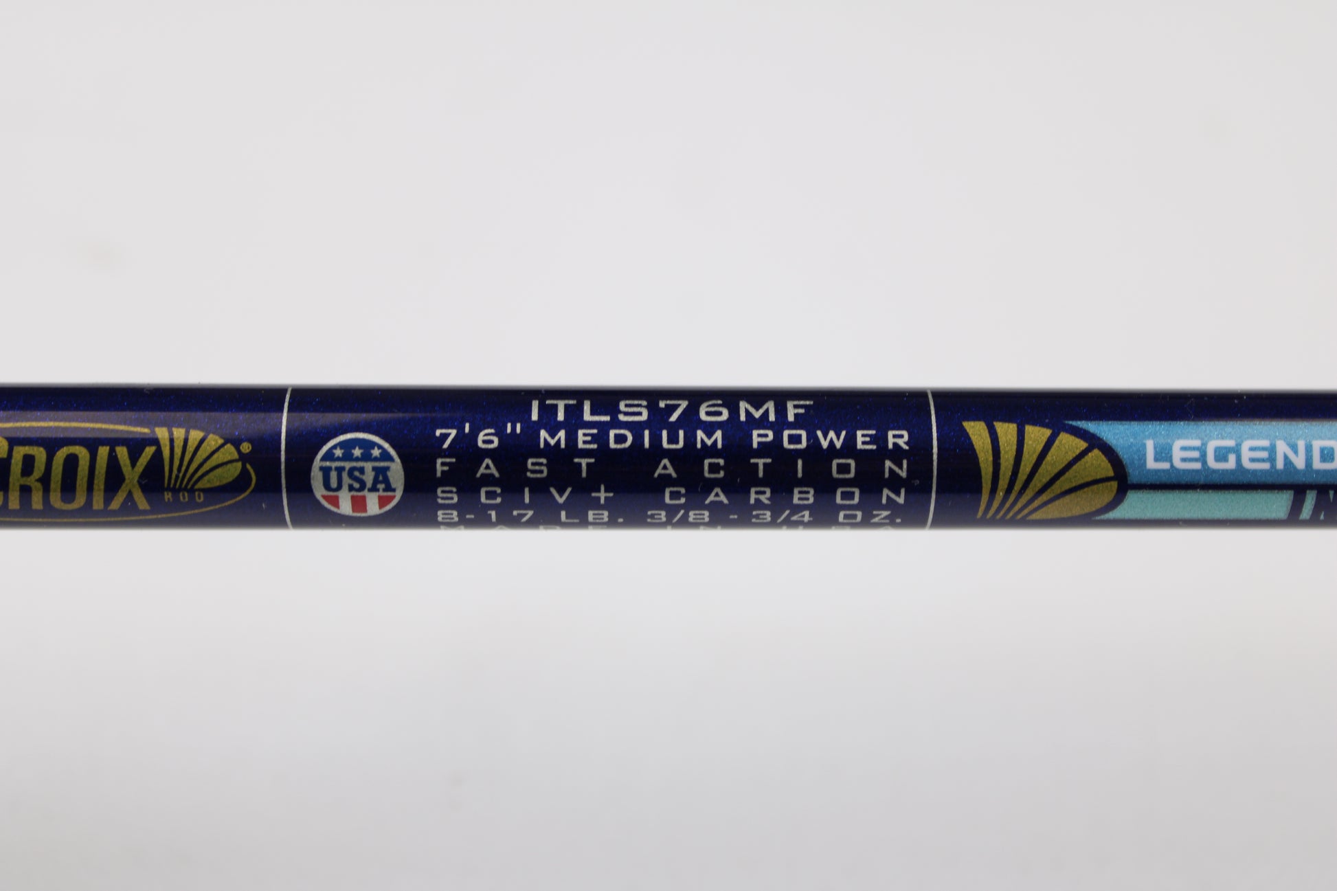 Close-up of St. Croix Legend Tournament Inshore ITLS76MF 7'6" Medium Spinning Rod (Used, Mint), showing specs and USA flag—ideal for our rod and reel trade-in program.