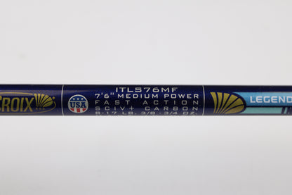 Close-up of St. Croix Legend Tournament Inshore ITLS76MF 7'6" Medium Spinning Rod (Used, Mint), showing specs and USA flag—ideal for our rod and reel trade-in program.
