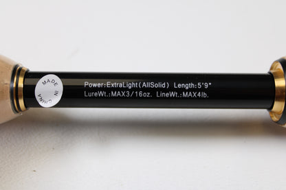 Close-up of a Raid Japan Gladiator Maximum GX-59XLS-AS Solid Maxx XL 5'9" Extra Light spinning rod (used, mint), specs: "MAX 3/16 oz lure, MAX 4 lb line." "Made in China" sticker visible—ideal for trade-ins or used gear seekers.