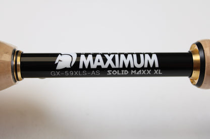 Close-up of a Raid Japan Gladiator Maximum GX-59XLS-AS Solid Maxx XL 5'9" Extra Light used spinning rod in mint condition—ideal for those interested in our Rod and Reel Trade-In Program.