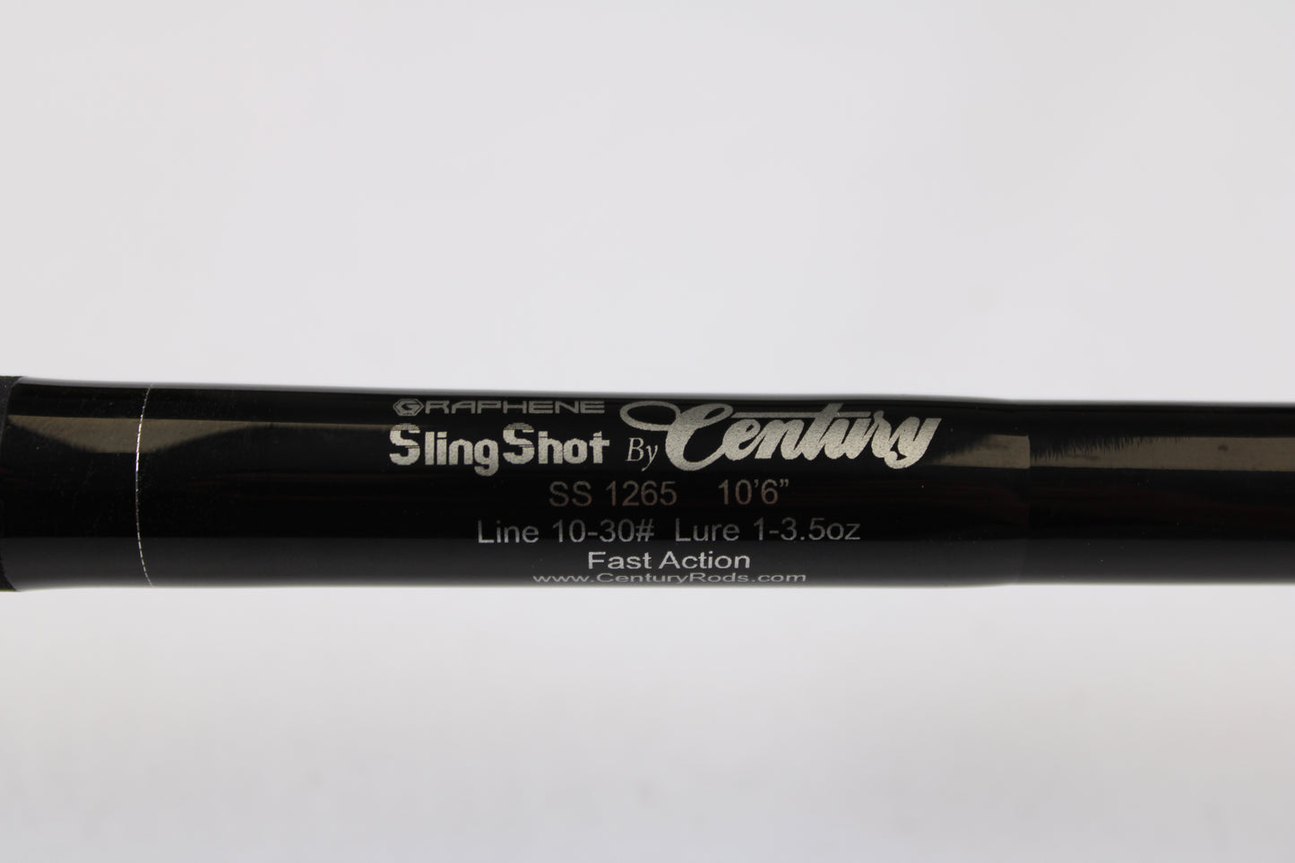 Close-up of a Century SlingShot SS 1265 10'6" Used Spinning Rod in excellent condition, featuring fast action. Trade in your old rod or reel for store credit at www.CenturyRods.com. Ask about our Rod and Reel Trade-In Program!.